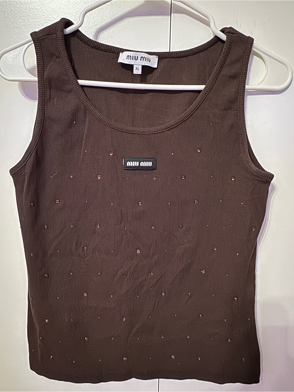 Miu Miu Chocolate Brown Crystal-Stud Ribbed Tank Top